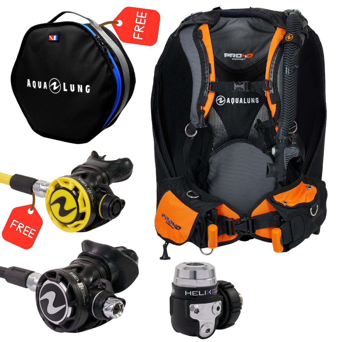 AQUALUNG PRO HD COMPACT BCD HELIX COMPACT PRO DIN REG SET WITH FREE HELIX OCTOPUS AND EXP II REG BAG