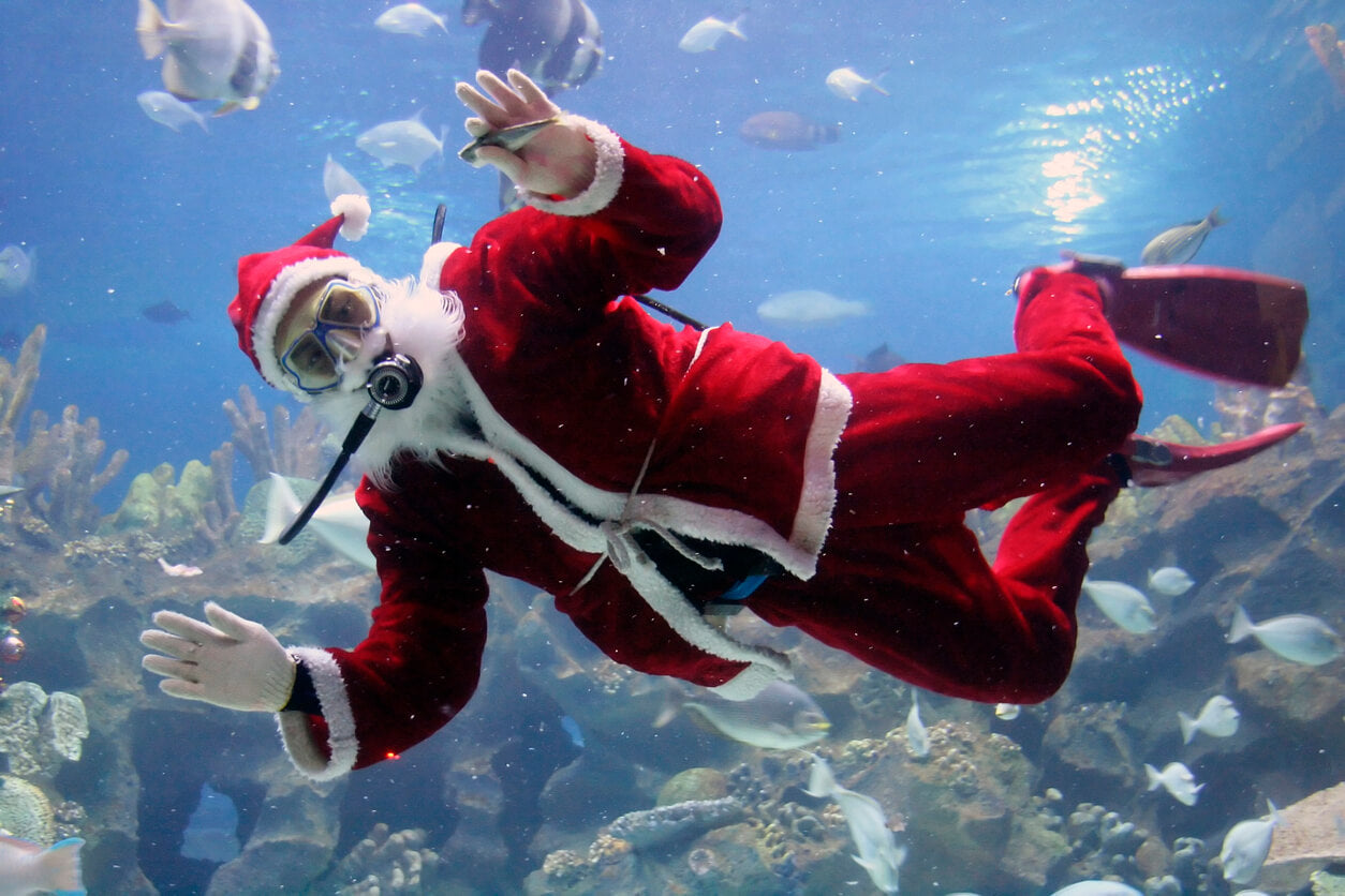 person dressed as Santa Claus scuba diving
