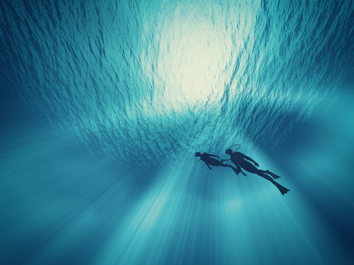 a couple of divers swimming underwater in a bright blue ocean