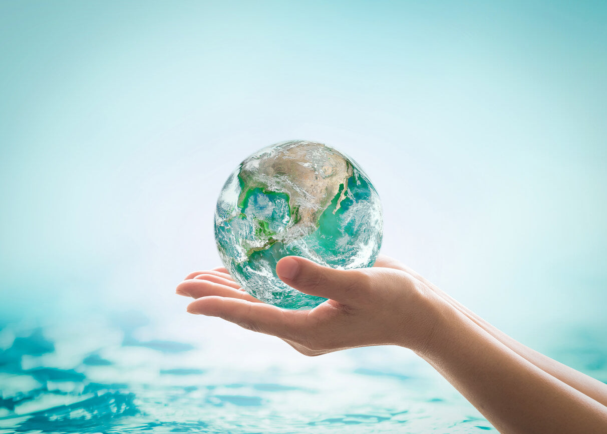 hands holding a model of the world against an ocean backdrop to represent ocean conservation